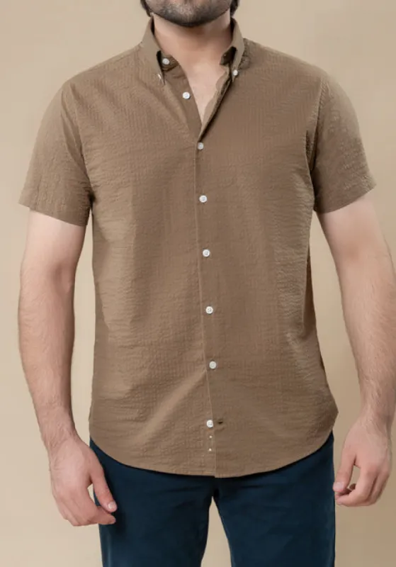 Greenish Taupe Seersucker Shirt-Half Sleeve sold by Brisk Shirts