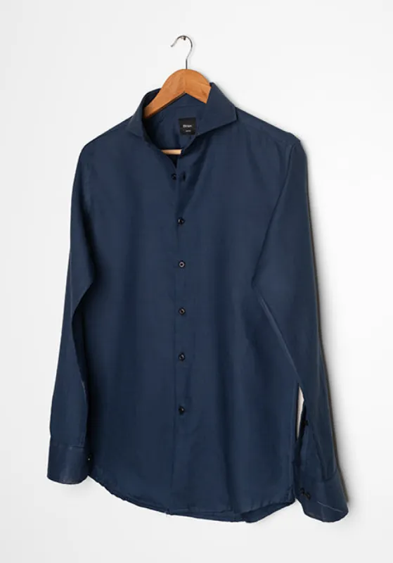 Navy Blue Cotton Linen Shirt - Cut Away Extreme Collar sold by Brisk Shirts