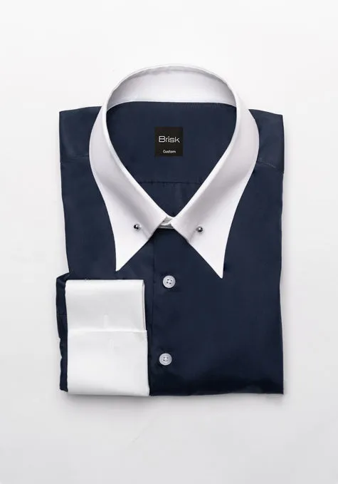 Egyptian Navy Blue Light Weight 80's Poplin Shirt - White Straight Pin Collar sold by Brisk Shirts