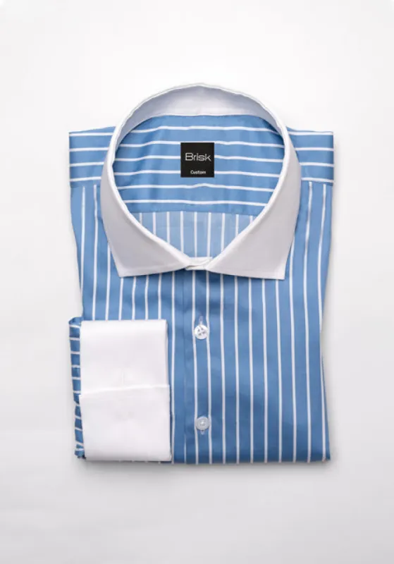 Super Fine Blue Satin Stretch Stripes Shirt - White Cut Away Classic Collar sold by Brisk Shirts