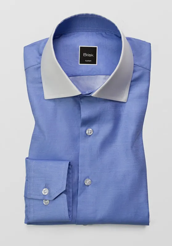 Mid Blue Twill High Collar Shirt - Hidden Button Down sold by Brisk Shirts
