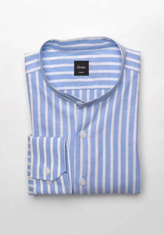 Soft Sky Blue Wide Cotton Linen Stripes Shirt - Band Collar sold by Brisk Shirts
