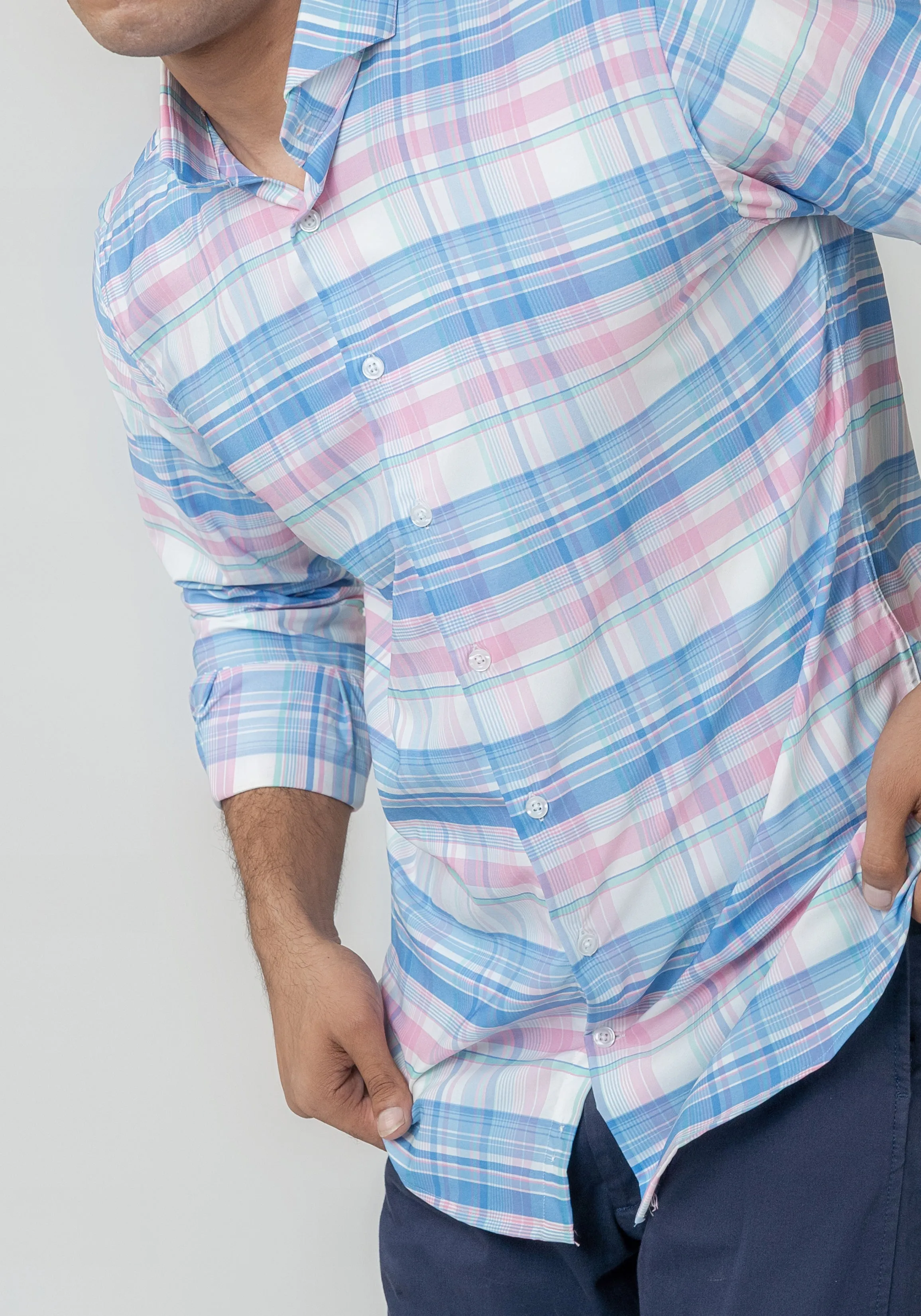 Wrinkle-Free Blue-Pink Performance Stretch Plaid Shirt sold by Brisk Shirts product image thumbnail 3