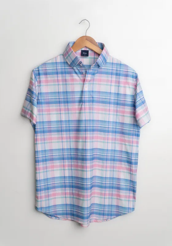 Wrinkle-Free Blue-Pink Performance Stretch Plaid Polo Shirt sold by Brisk Shirts