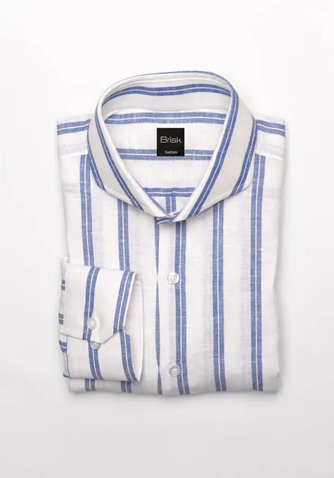 Dual Blue On White Cotton Linen Stripes Shirt - Cutaway Extreme Collar sold by Brisk Shirts