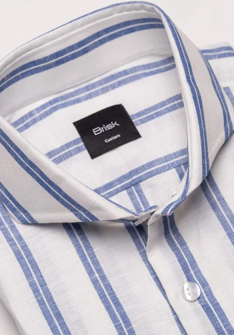 Dual Blue On White Cotton Linen Stripes Shirt - Cutaway Extreme Collar sold by Brisk Shirts product image thumbnail 2