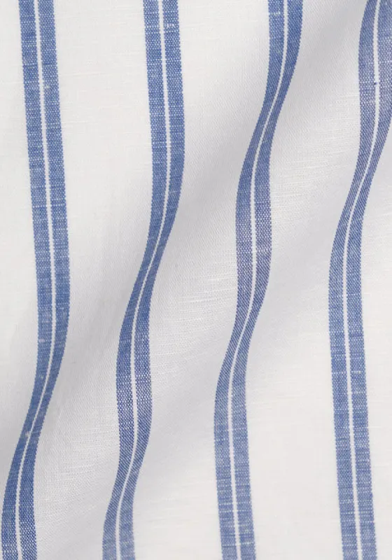 Dual Blue On White Cotton Linen Stripes sold by Brisk Shirts