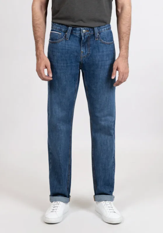 Blue Medium Rinse Wash Slim Straight Selvedge Jeans - Stud sold by Brisk Shirts