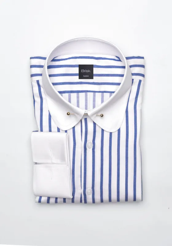 Navy Wide Stripes Soft Textured Pima Cotton Shirt - White Club Golden Pin Collar & French Cuffs sold by Brisk Shirts