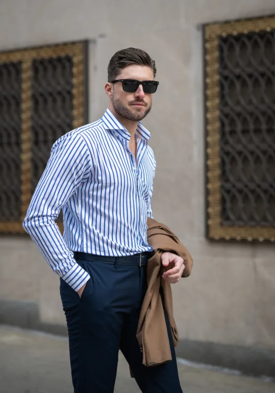 Navy Wide Stripes Soft Textured Pima Cotton Shirt - Cutaway Extreme Collar sold by Brisk Shirts