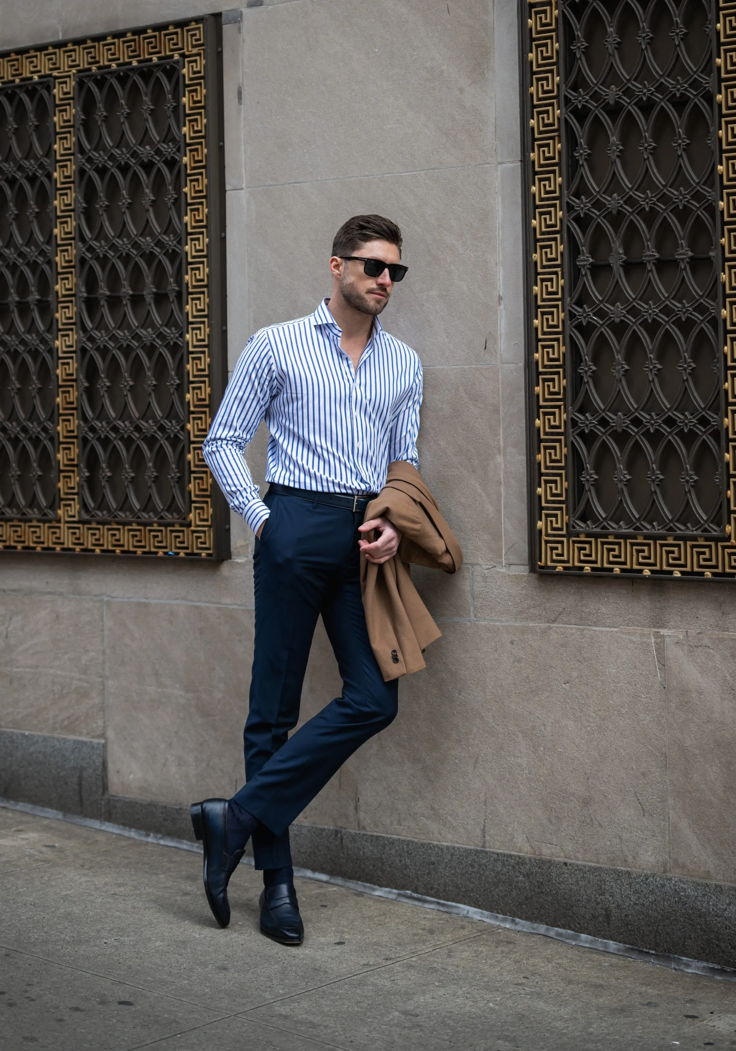 Navy Wide Stripes Soft Textured Pima Cotton Shirt - Cutaway Extreme Collar sold by Brisk Shirts product image thumbnail 4