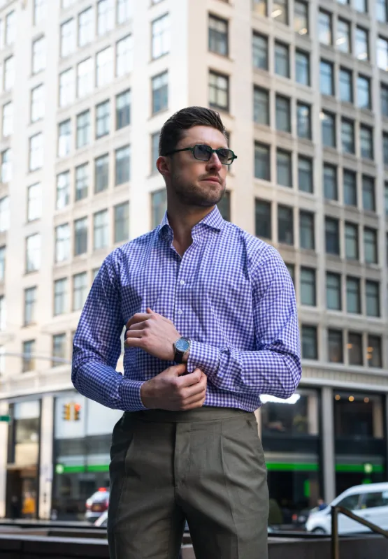 Purple Gingham Crisp Pima Cotton Shirt - Cutaway Extreme Collar sold by Brisk Shirts