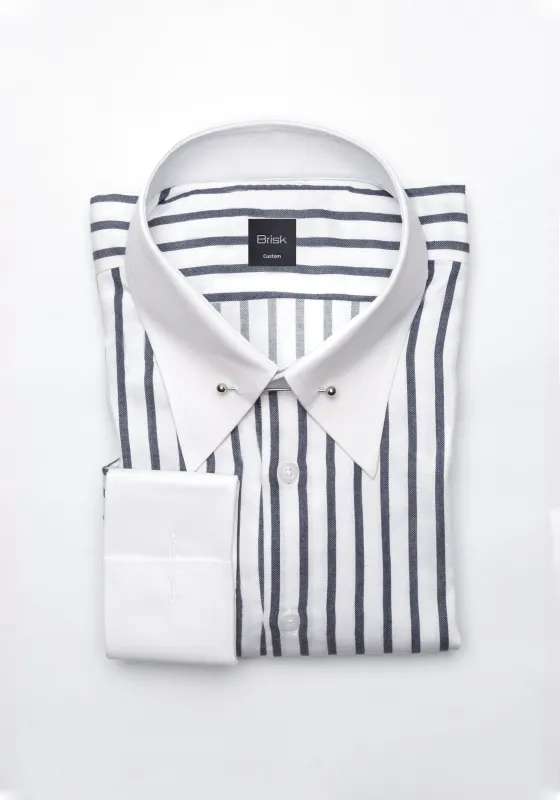 Charcoal Wide Stripes Soft Textured Pima Cotton Shirt - White Classic Silver Pin Collar sold by Brisk Shirts