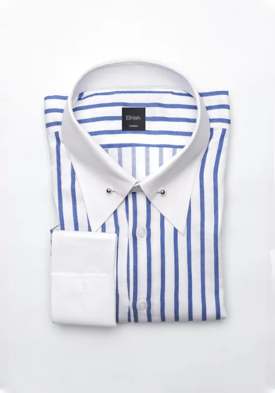 Navy Wide Stripes Soft Textured Pima Cotton Shirt - White Classic Silver Pin Collar sold by Brisk Shirts