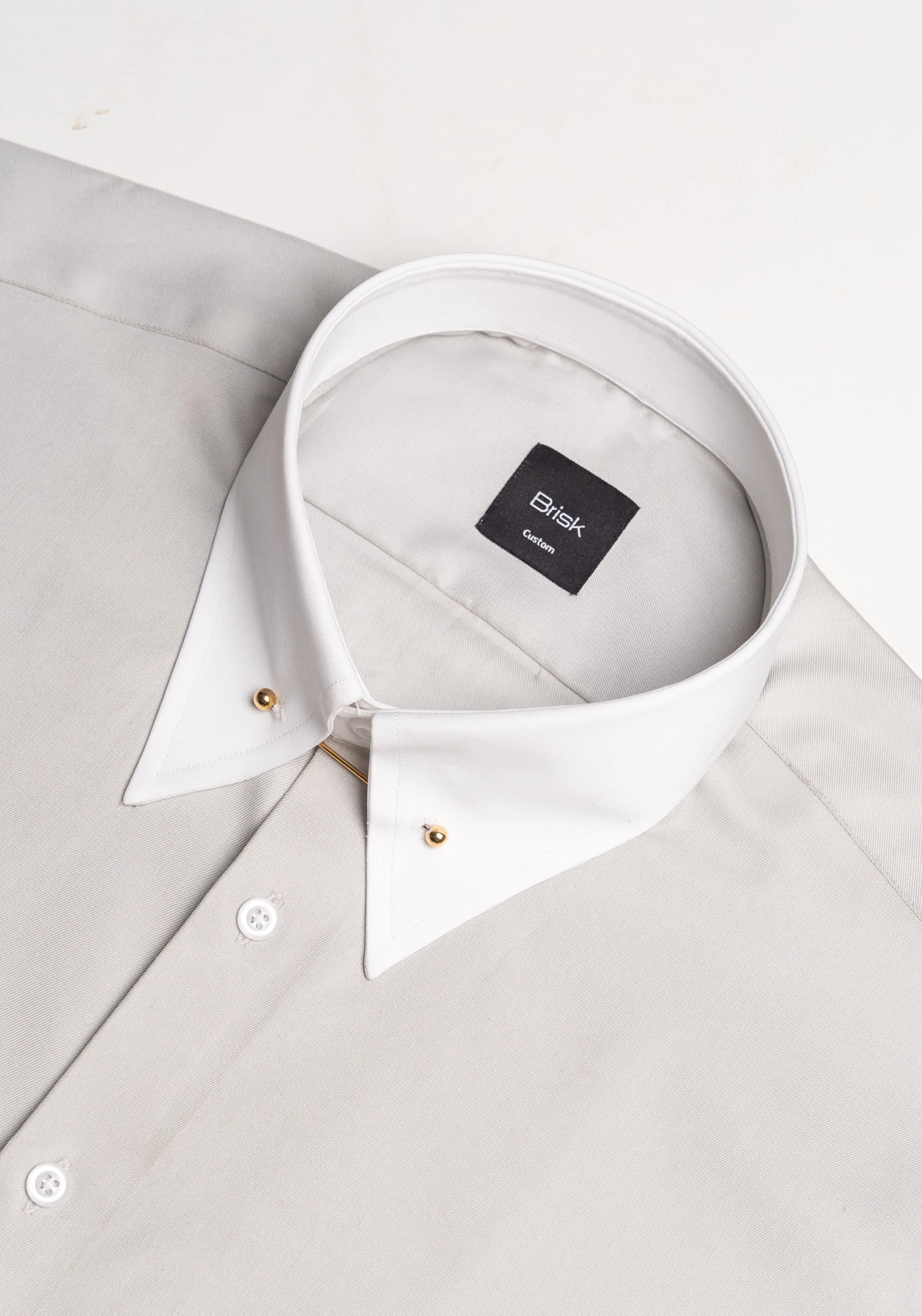 Light Grey Twill Pima Cotton - White Low Classic Golden Pin Collar & French Cuffs sold by Brisk Shirts product image thumbnail 3