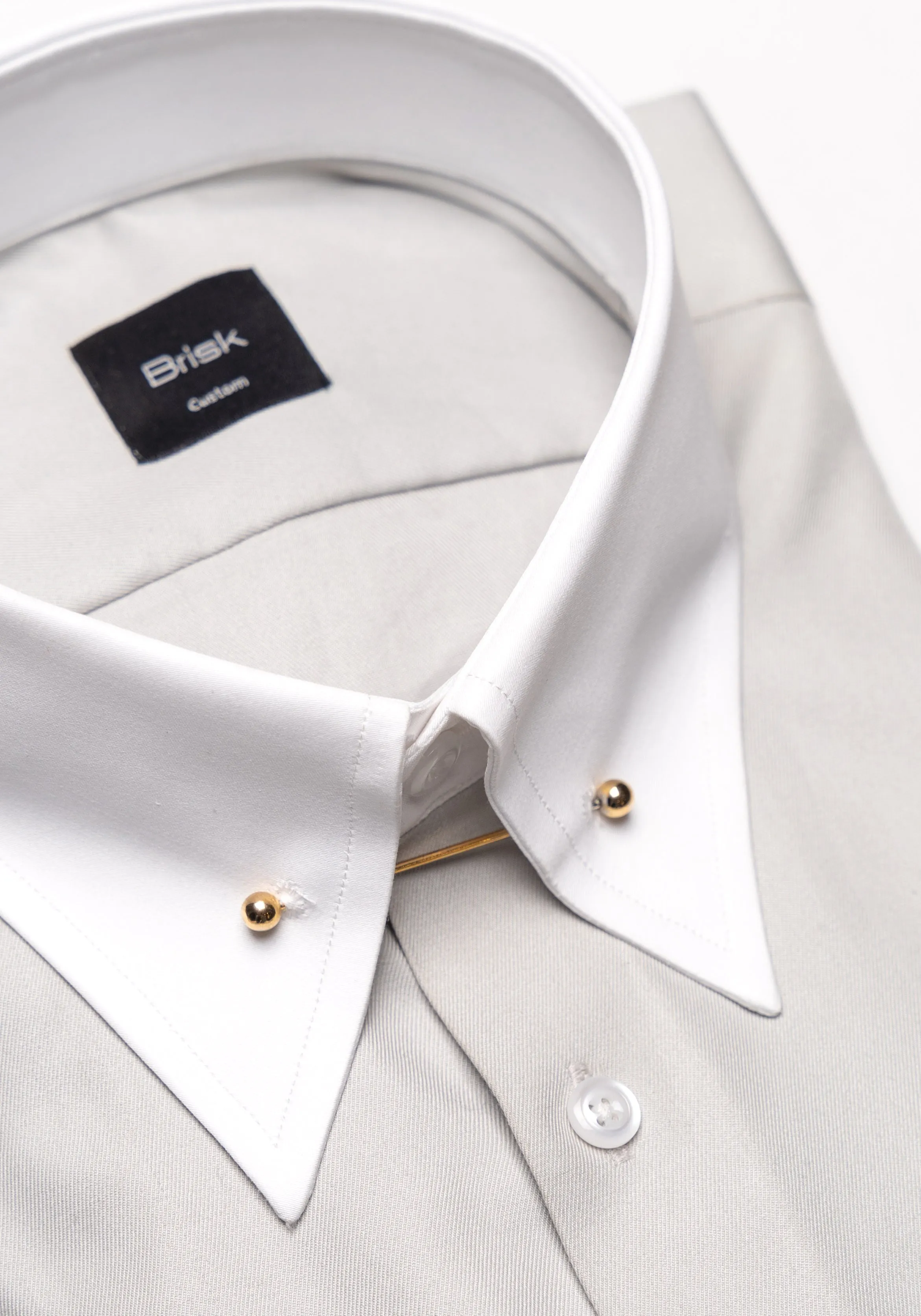 Light Grey Twill Pima Cotton - White Low Classic Golden Pin Collar & French Cuffs sold by Brisk Shirts product image thumbnail 2