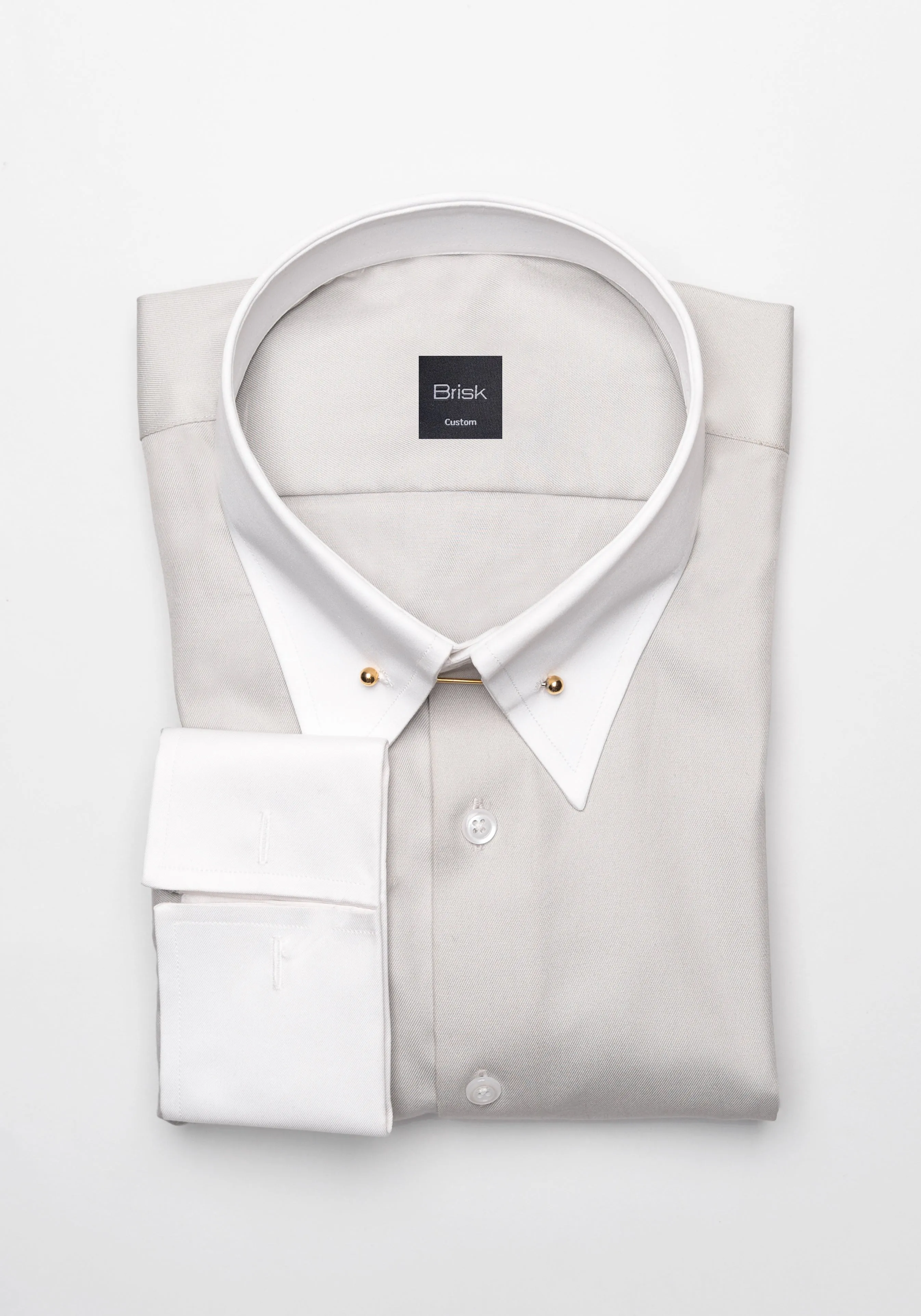 Light Grey Twill Pima Cotton - White Low Classic Golden Pin Collar & French Cuffs sold by Brisk Shirts