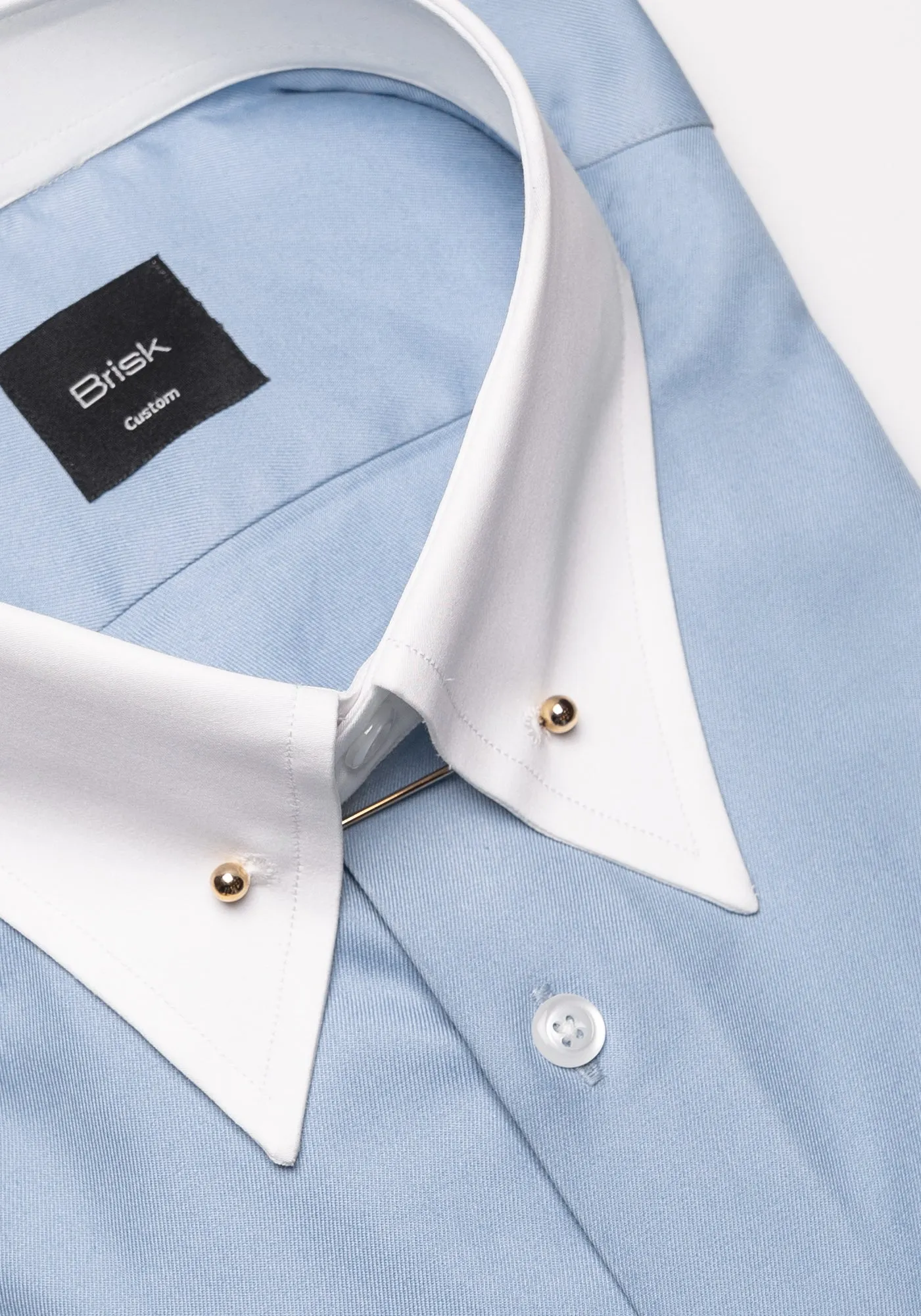 Sky Blue Twill Pima Cotton Shirt - White Low Classic Golden Pin Collar & French Cuffs sold by Brisk Shirts product image thumbnail 2