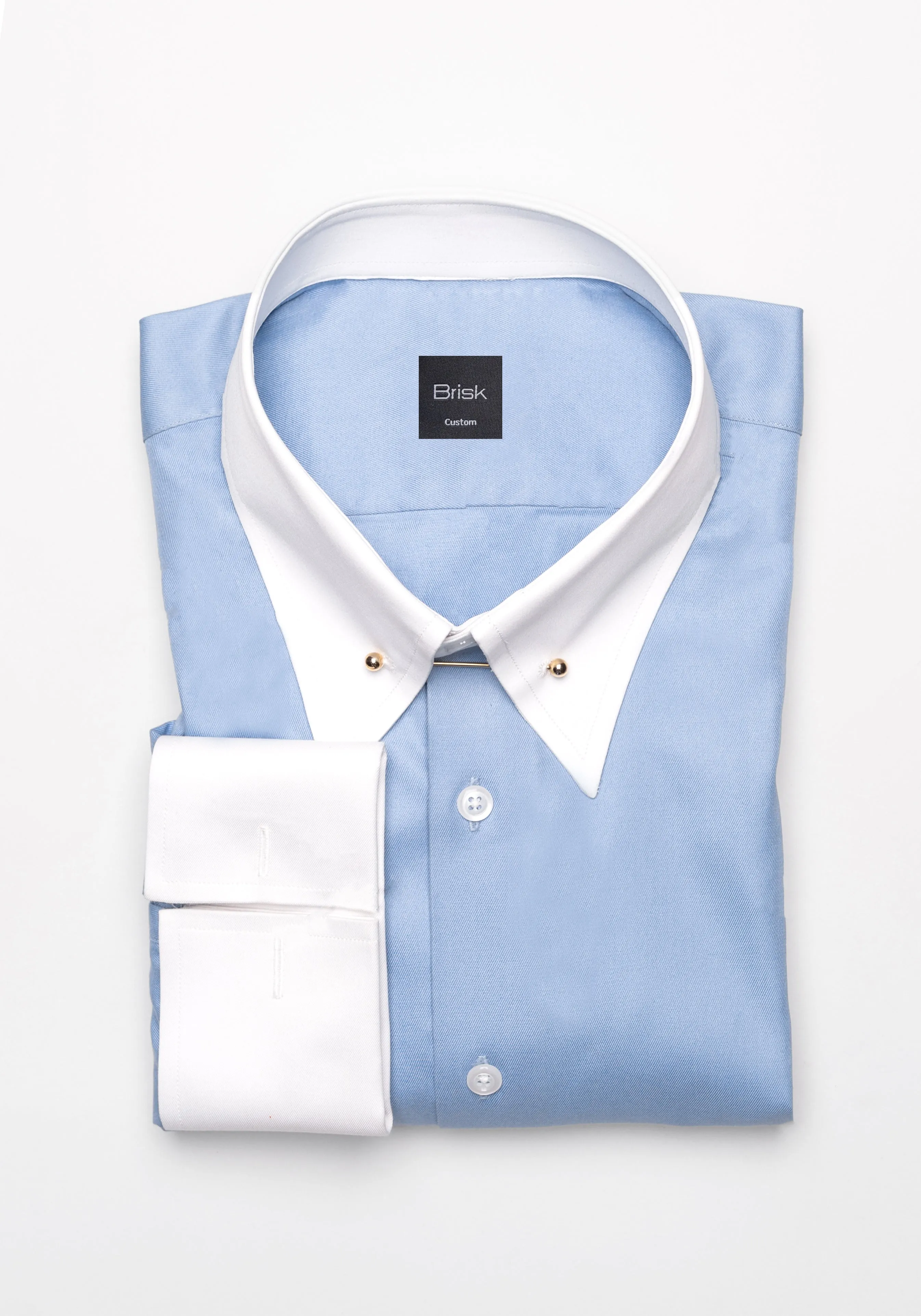 Sky Blue Twill Pima Cotton Shirt - White Low Classic Golden Pin Collar & French Cuffs sold by Brisk Shirts