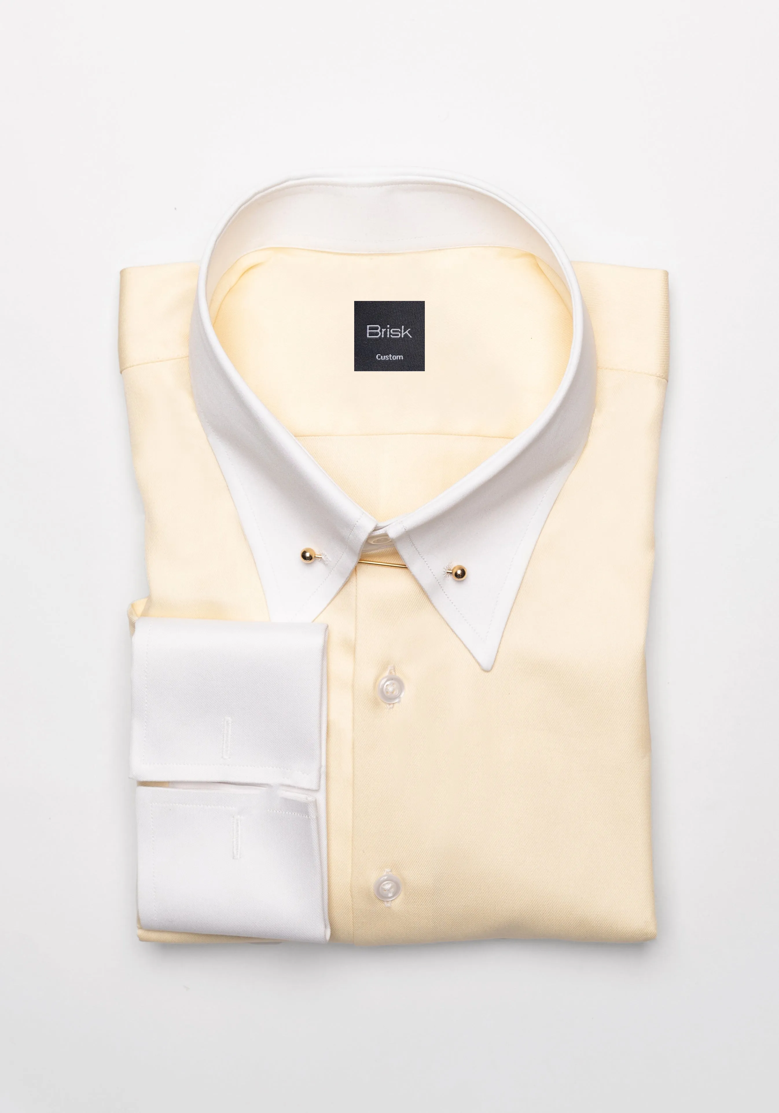 Yellow Twill Pima Cotton Shirt - White Low Classic Golden Pin Collar & French Cuffs sold by Brisk Shirts