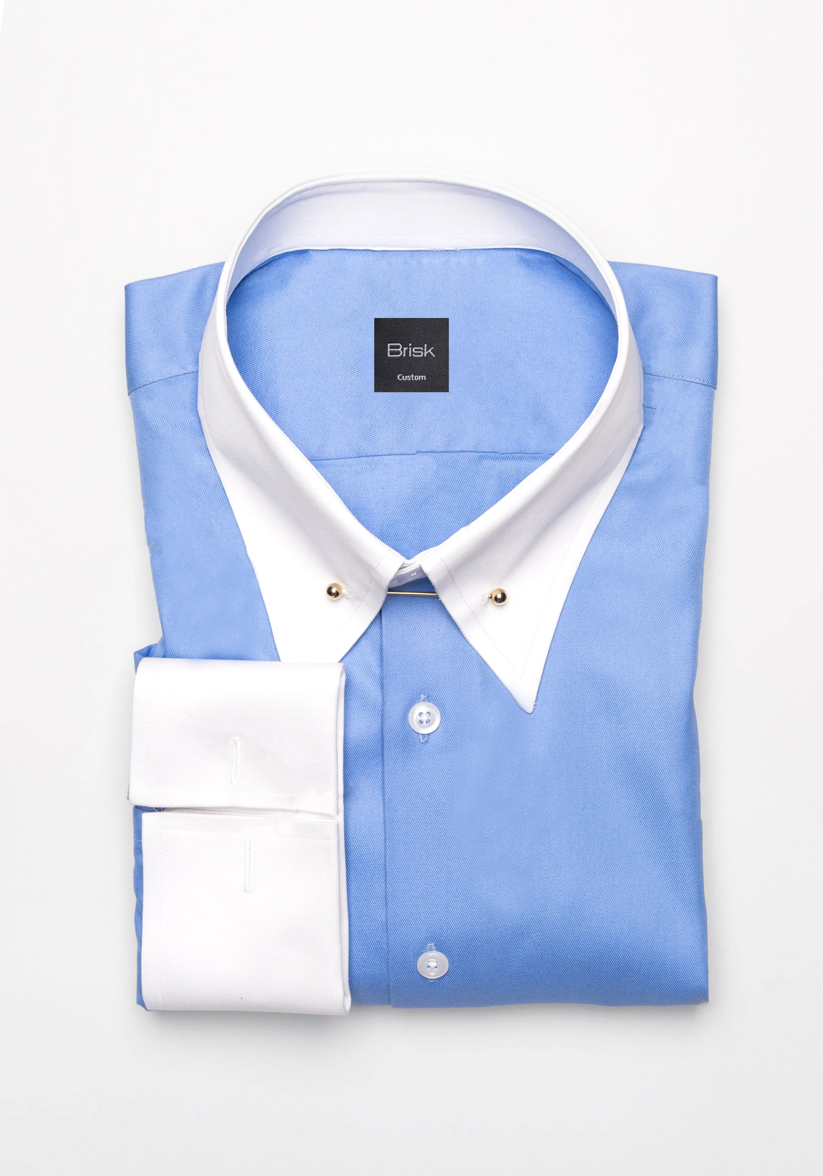 Mid Blue Twill Pima Cotton Shirt - White Low Classic Golden Pin Collar & French Cuffs sold by Brisk Shirts