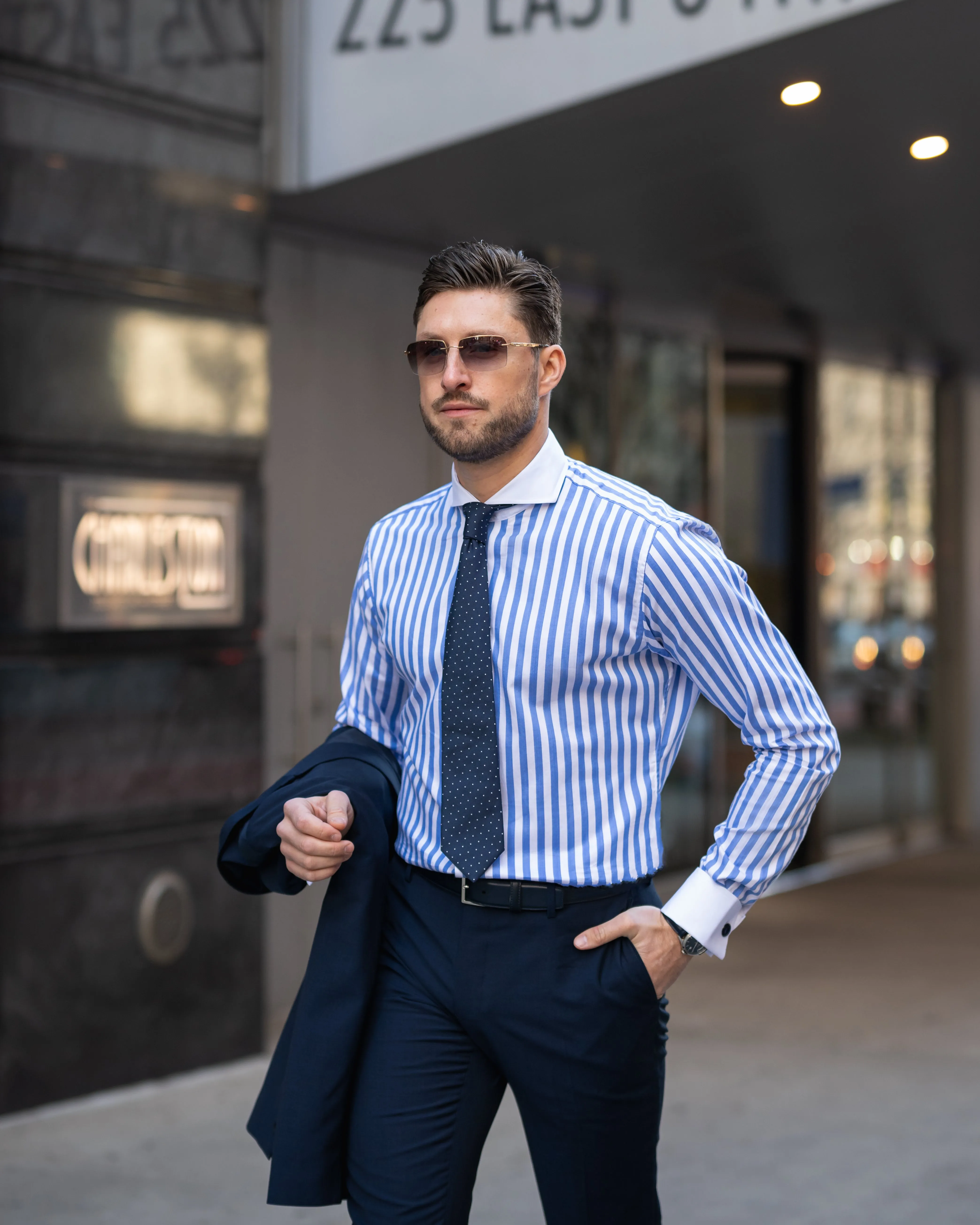 Sky Blue Twill Bold Stripes Pima Cotton Shirt - White Cutaway Extreme Collar & French Cuffs sold by Brisk Shirts product image thumbnail 3