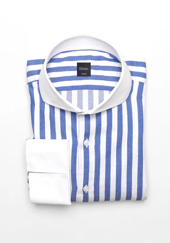 Navy Blue Twill Bold Stripes Pima Cotton Shirt - White Cutaway Extreme Collar & French Cuffs sold by Brisk Shirts