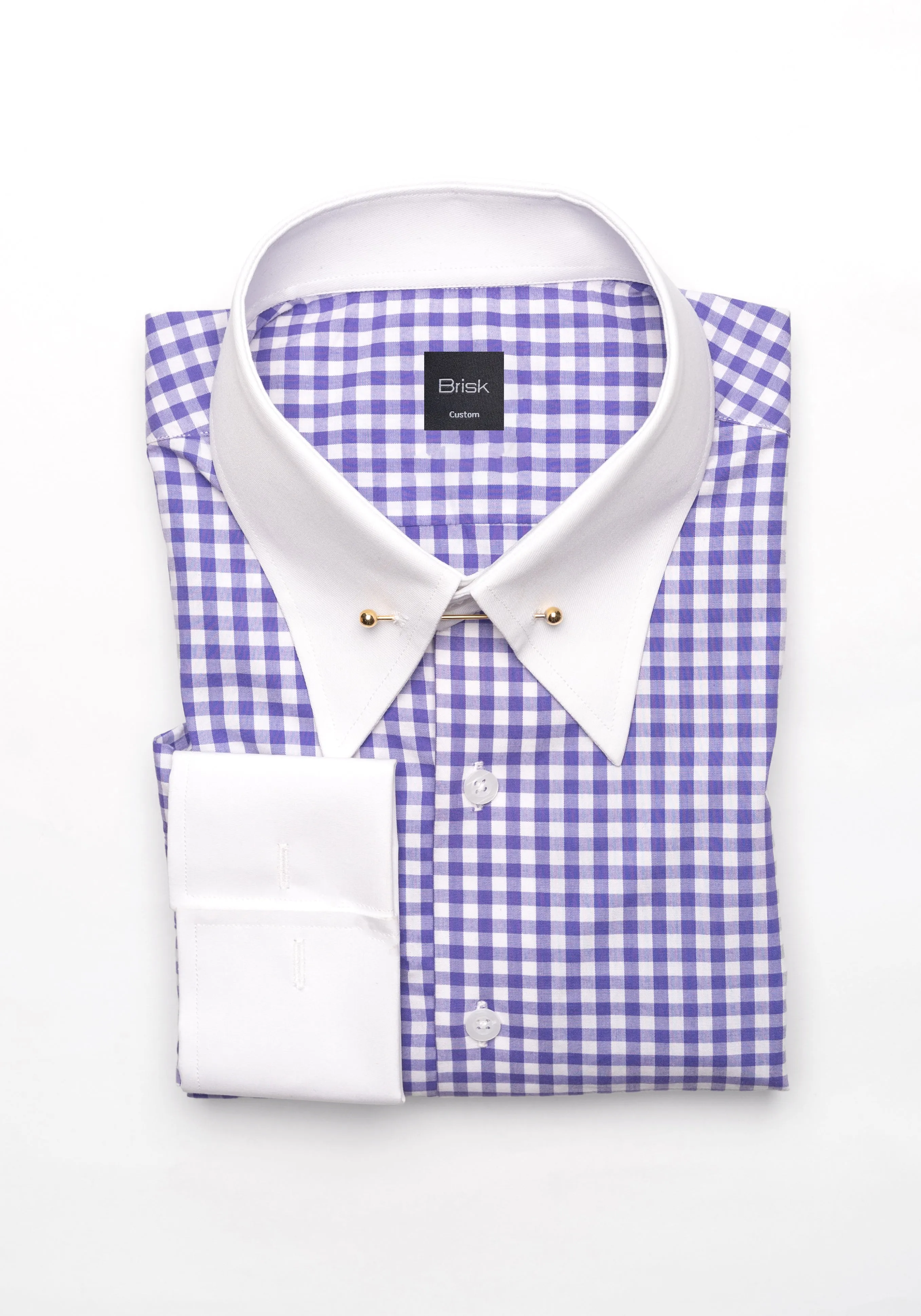 Purple Gingham Crisp Pima Cotton Shirt - White Classic Golden Pin Collar & French Cuffs sold by Brisk Shirts