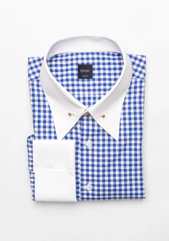 Royal Blue Gingham Crisp Pima Cotton Shirt - White Classic Golden Pin Collar & French Cuff sold by Brisk Shirts