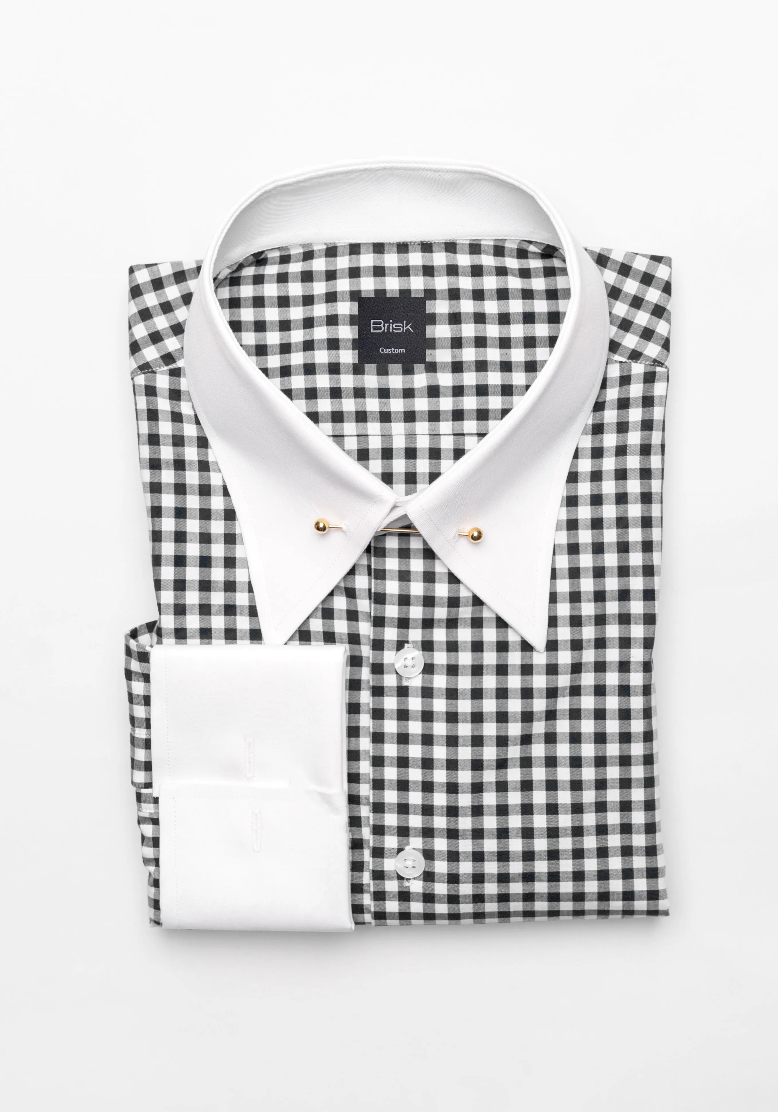Black Gingham Crisp Pima Cotton Shirt - White Classic Golden Pin Collar & French Cuffs sold by Brisk Shirts