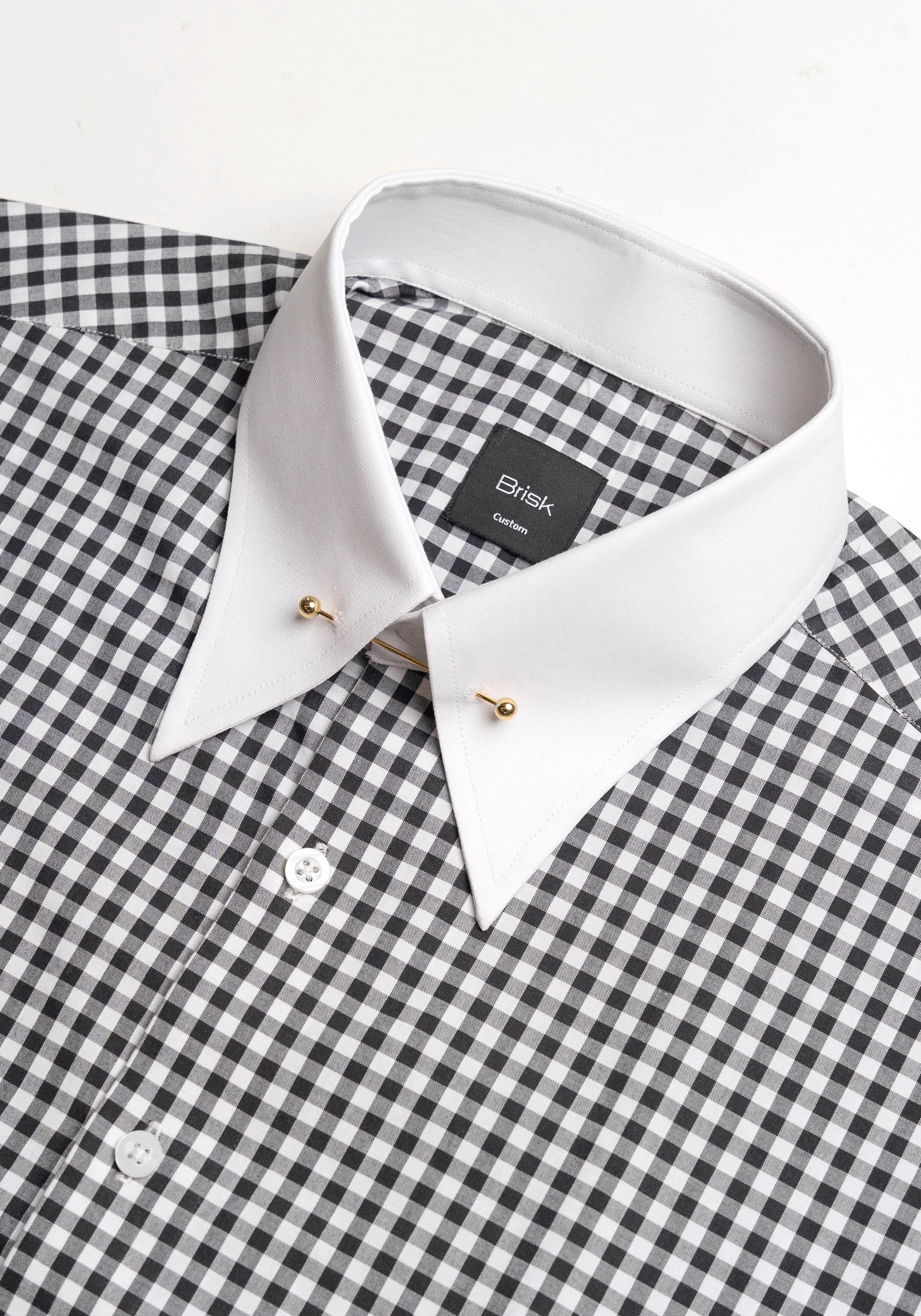 Black Gingham Crisp Pima Cotton Shirt - White Classic Golden Pin Collar & French Cuffs sold by Brisk Shirts product image thumbnail 3