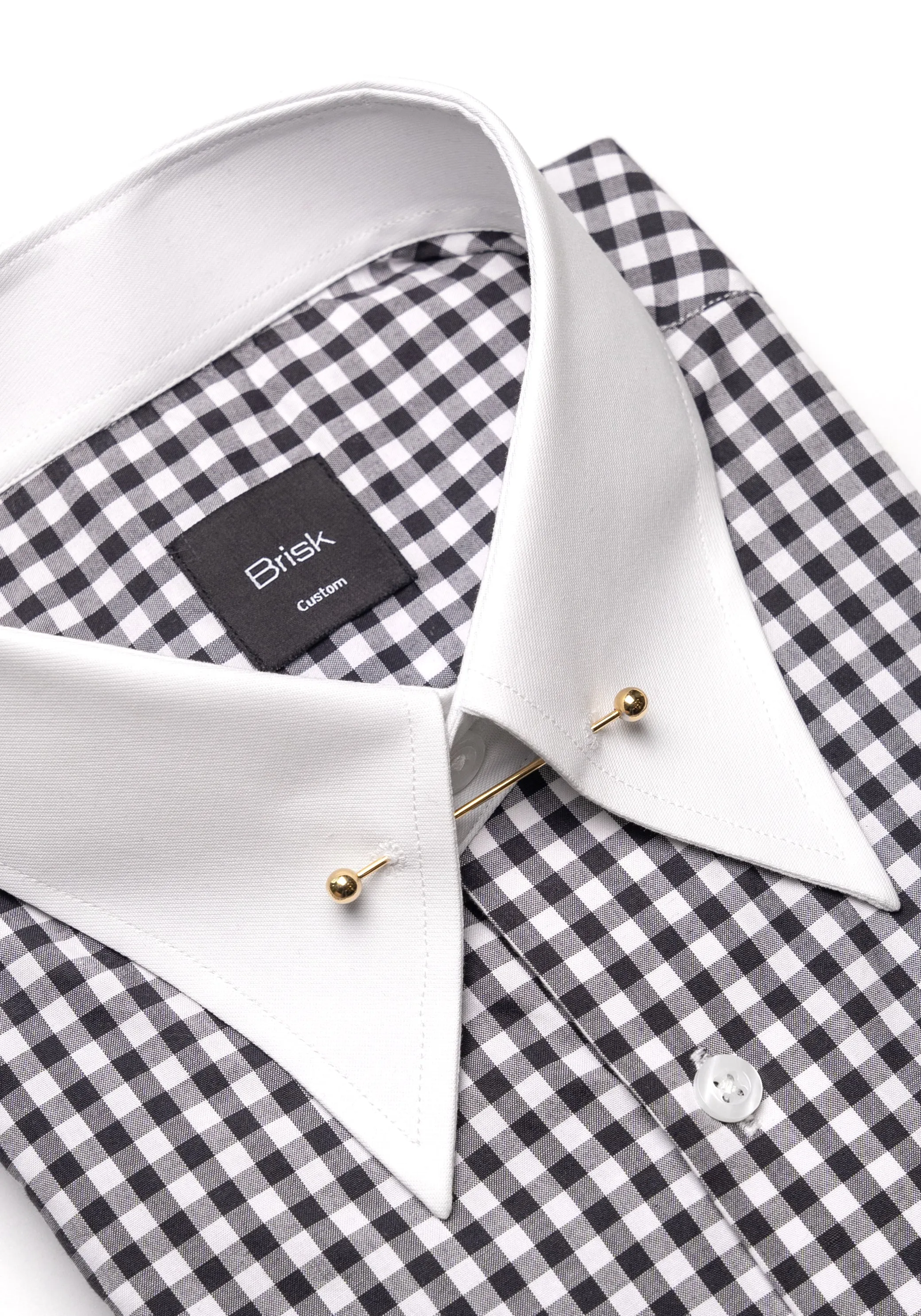 Black Gingham Crisp Pima Cotton Shirt - White Classic Golden Pin Collar & French Cuffs sold by Brisk Shirts product image thumbnail 2