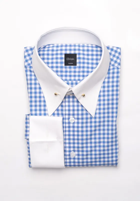 Sky Blue Gingham Crisp Pima Cotton Shirt - White Classic Golden Pin Collar & French Cuff sold by Brisk Shirts