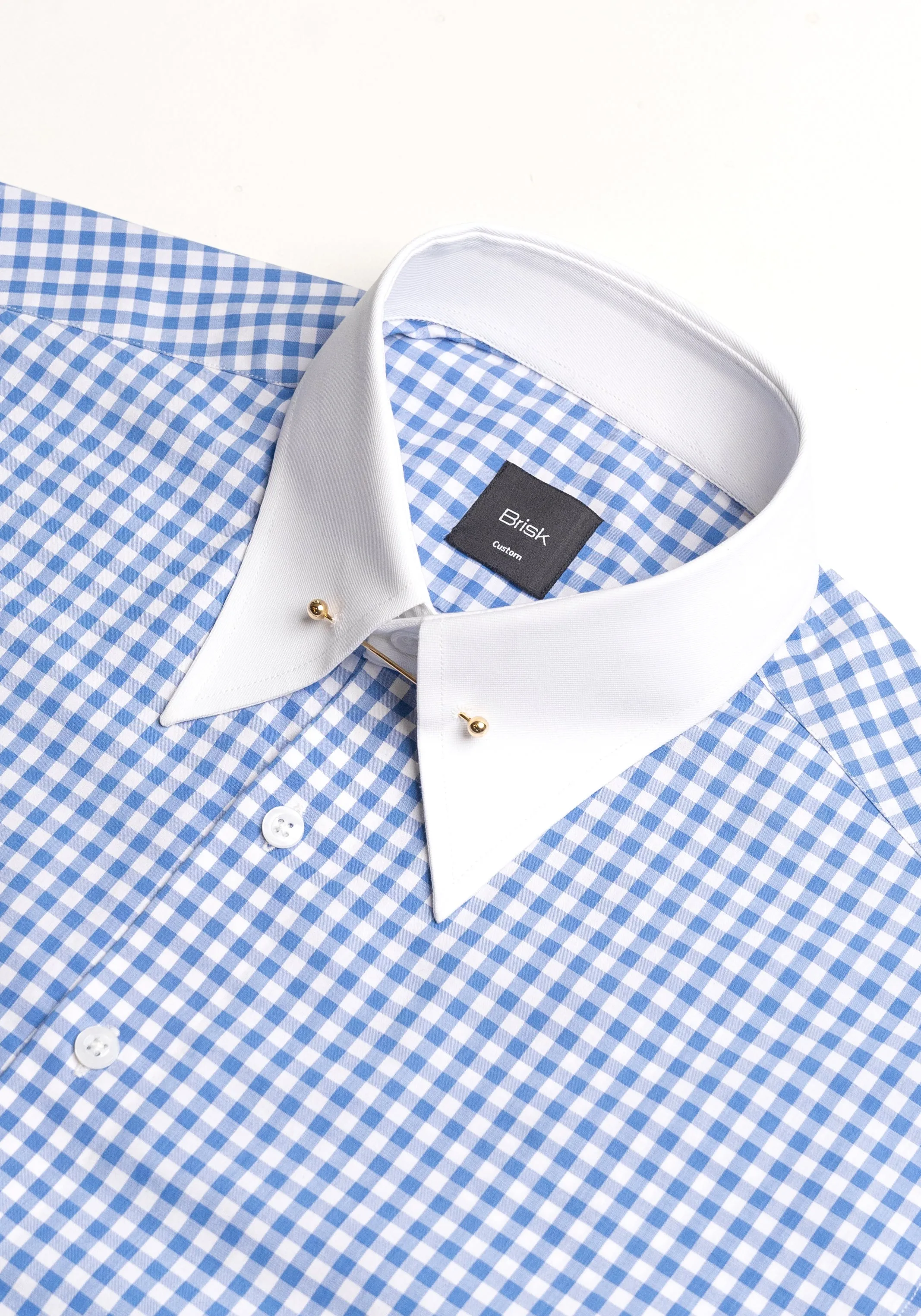 Sky Blue Gingham Crisp Pima Cotton Shirt - White Classic Golden Pin Collar & French Cuff sold by Brisk Shirts product image thumbnail 3