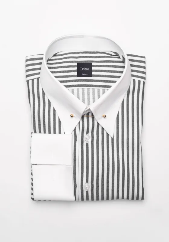 Charcoal Bengal Twill Stripes Pima Cotton Shirt - White Classic Golden Pin Collar & French Cuff sold by Brisk Shirts