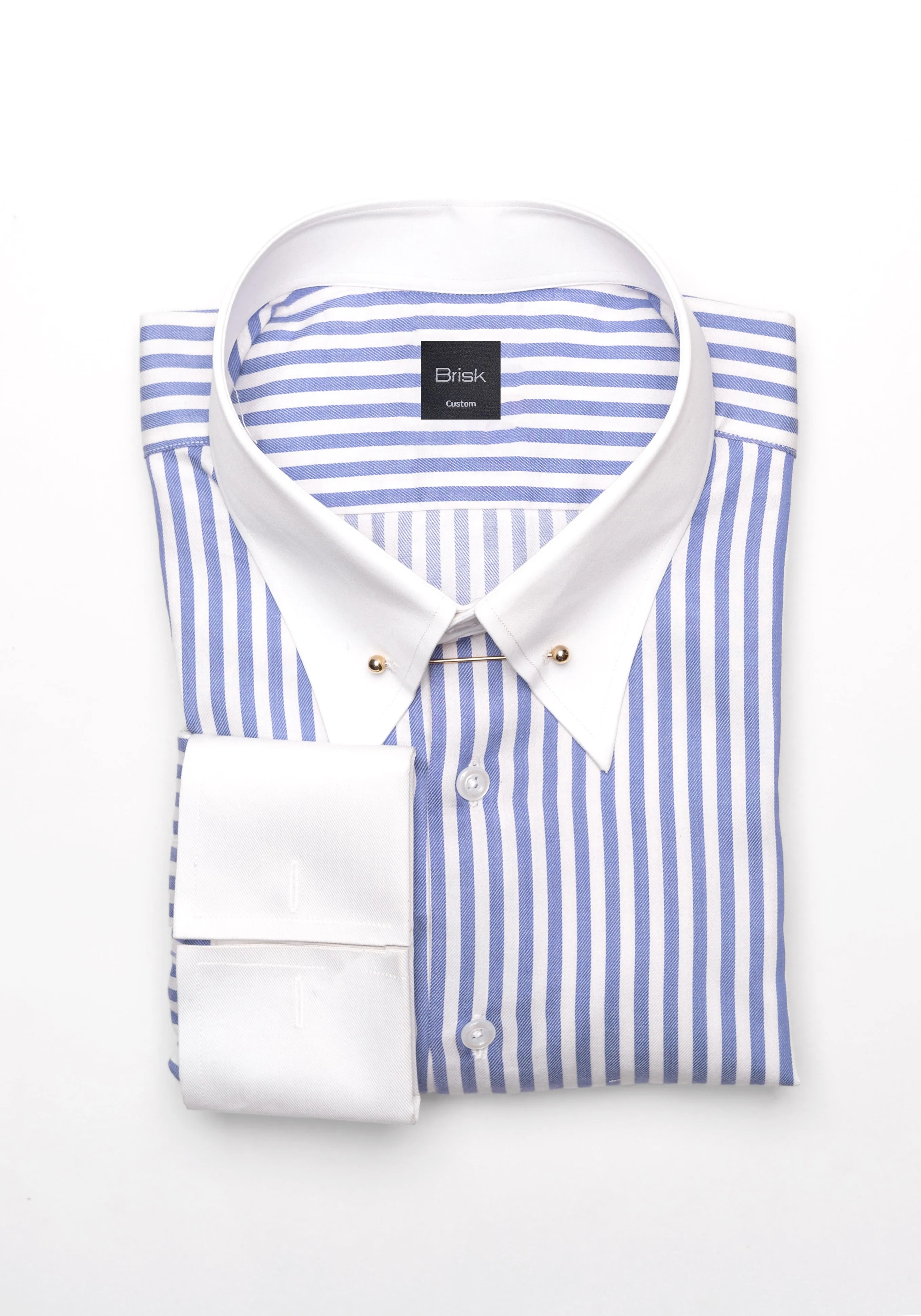 Sky Blue Bengal Twill Stripes Pima Cotton Shirt - White Classic Golden Pin Collar & French Cuff sold by Brisk Shirts