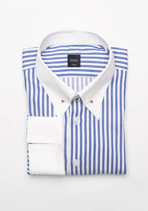 Navy Bengal Twill Stripes Pima Cotton Shirt - White Classic Golden Pin Collar & French Cuffs sold by Brisk Shirts