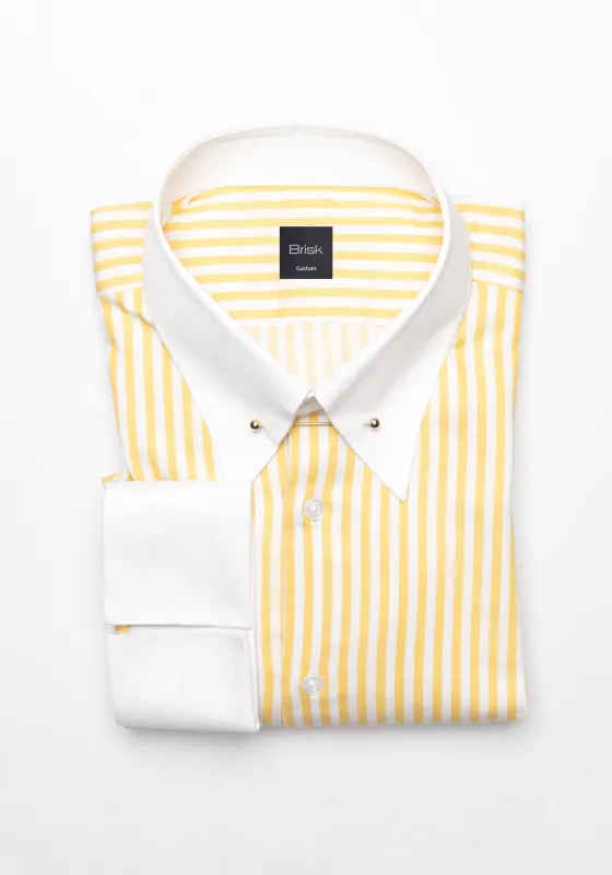 Yellow Bengal Twill Stripes Pima Cotton Shirt - White Classic Golden Pin Collar & French Cuffs sold by Brisk Shirts