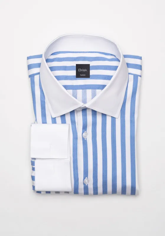 Sky Blue Twill Bold Stripes Pima Cotton Shirt - White High Cutaway Classic Collar sold by Brisk Shirts