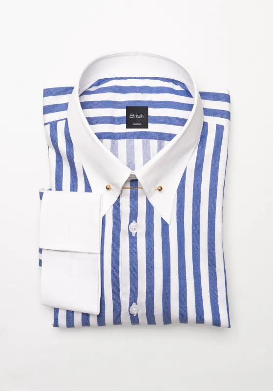 Navy Blue Bold Twill Stripes Pima Cotton Shirt - White Classic Golden Pin Collar & French Cuffs sold by Brisk Shirts