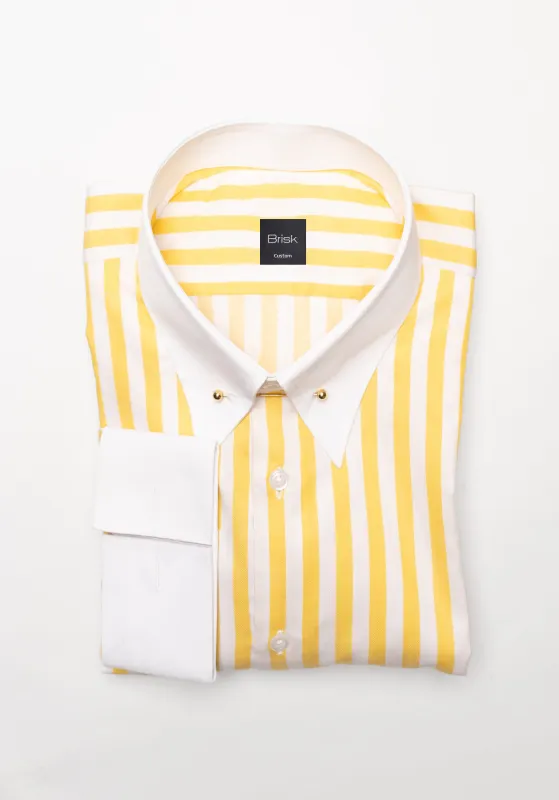 Yellow Bold Twill Stripes Pima Cotton Shirt - White Classic Golden Pin Collar & French Cuffs sold by Brisk Shirts