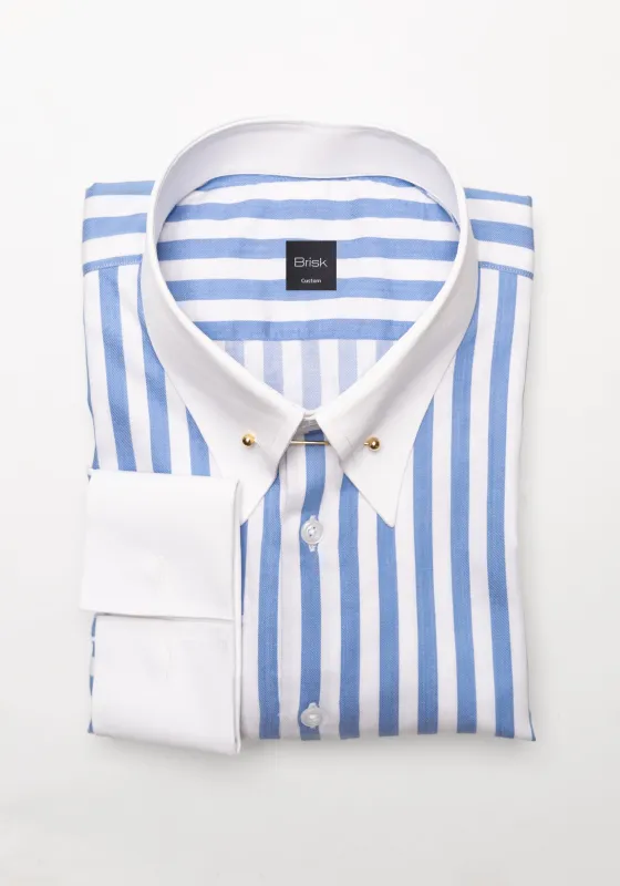 Sky Blue Bold Twill Stripes Pima Cotton Shirt - White Classic Golden Pin Collar & French Cuffs sold by Brisk Shirts