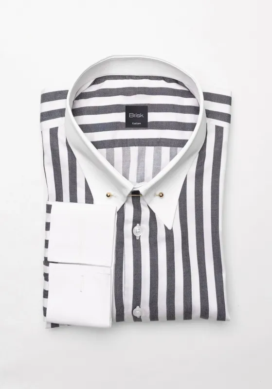 Charcoal Bold Twill Stripes Pima Cotton Shirt - White Classic Golden Pin Collar & French Cuffs sold by Brisk Shirts