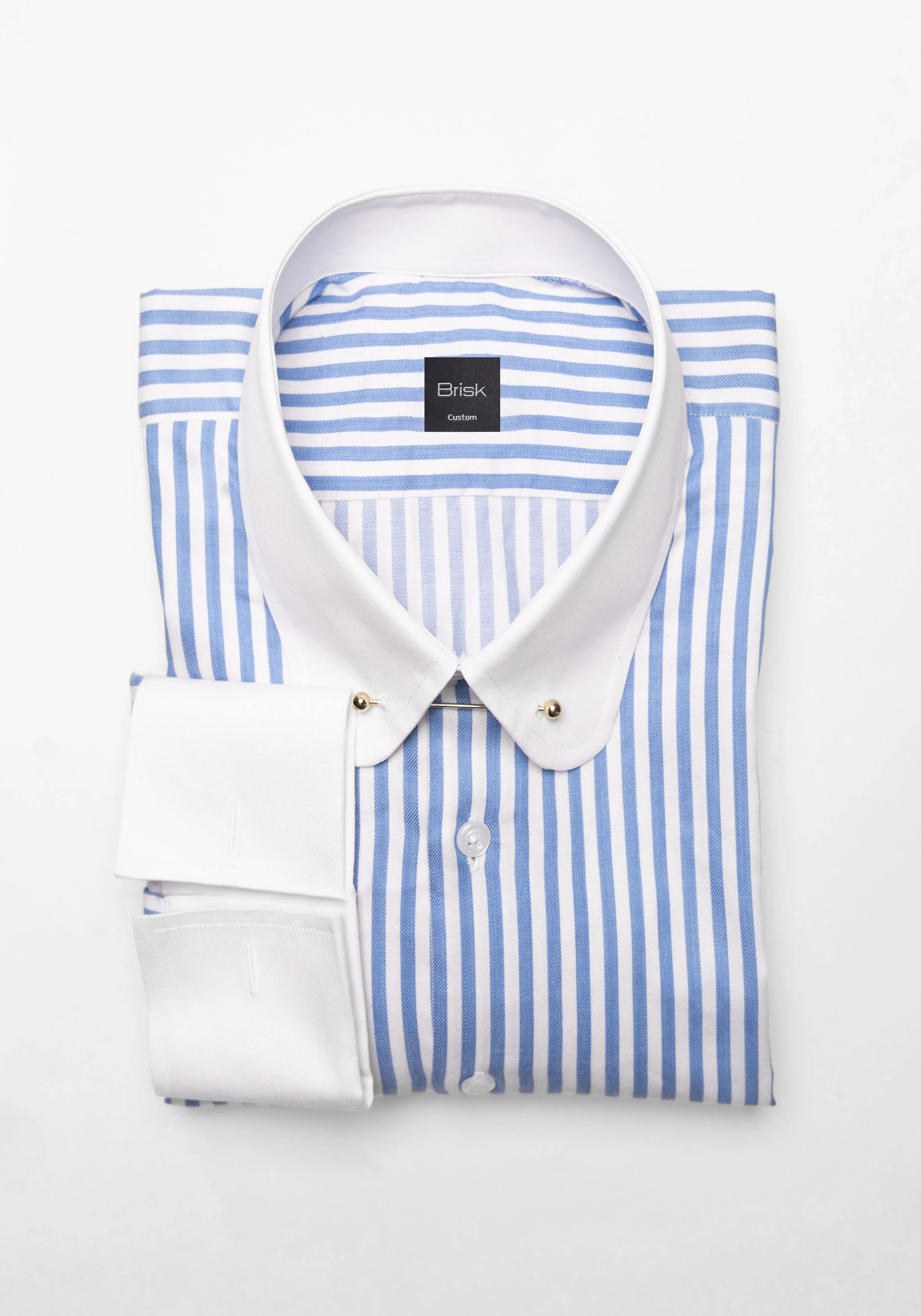 Sky Blue Bengal Twill Stripes Pima Cotton Shirt - White Club Golden Pin Collar & French Cuffs sold by Brisk Shirts
