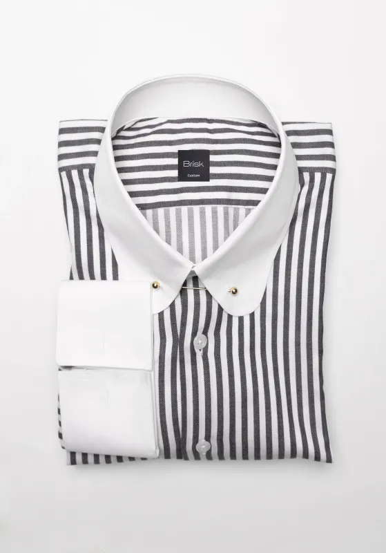Charcoal Bengal Twill Stripes Pima Cotton Shirt - White Club Golden Pin Collar & French Cuffs sold by Brisk Shirts