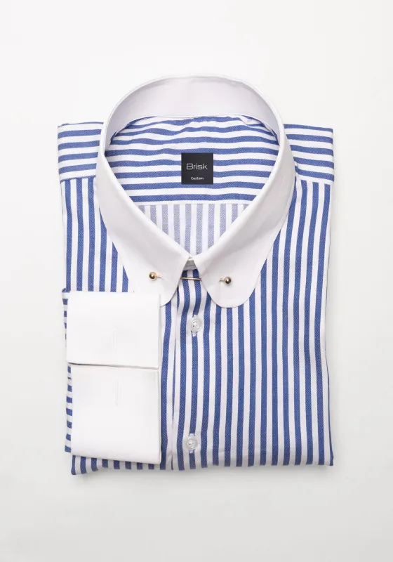 Navy Blue Bengal Twill Stripes Pima Cotton Shirt - White Club Golden Pin Collar & French Cuffs sold by Brisk Shirts