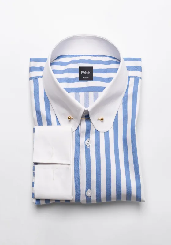 Sky Blue Bold Twill Stripes Pima Cotton Shirt – White Club Golden Pin Collar & French Cuffs sold by Brisk Shirts