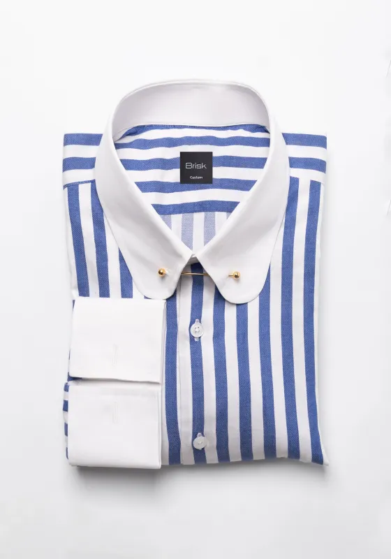 Navy Blue Bold Twill Stripes Pima Cotton Shirt - White Club Golden Pin Collar & French Cuffs sold by Brisk Shirts