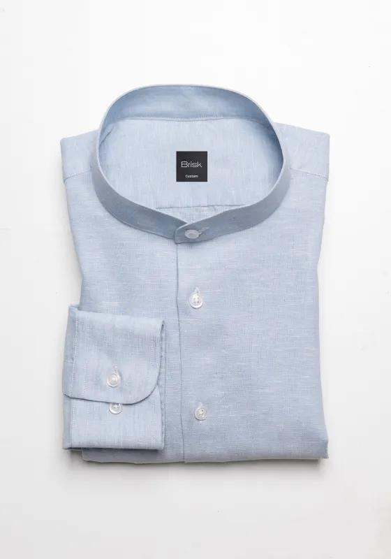 Light Blue Cotton-Linen Shirt - Band Collar sold by Brisk Shirts