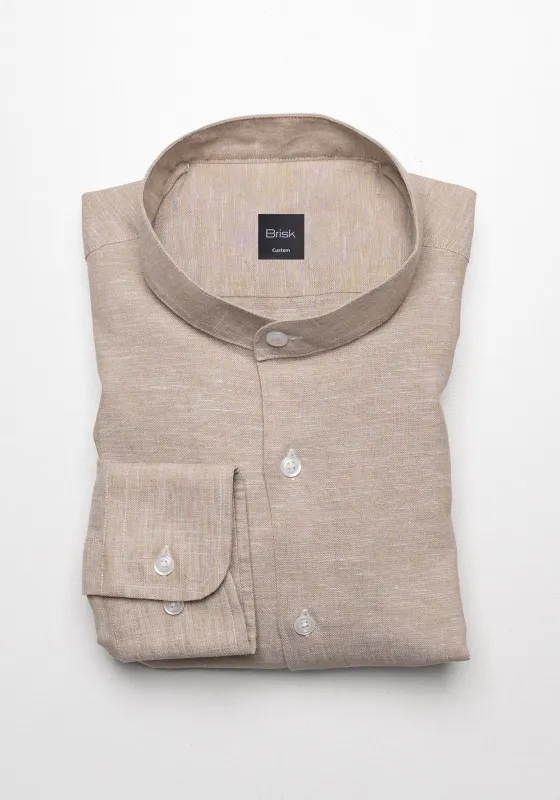 Tan Cotton-Linen Shirt - Band Collar sold by Brisk Shirts